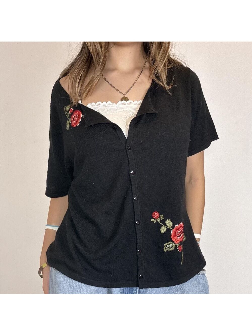 Jaclyn Smith black button up blouse / cardigan red rose floral embroidery! XL M